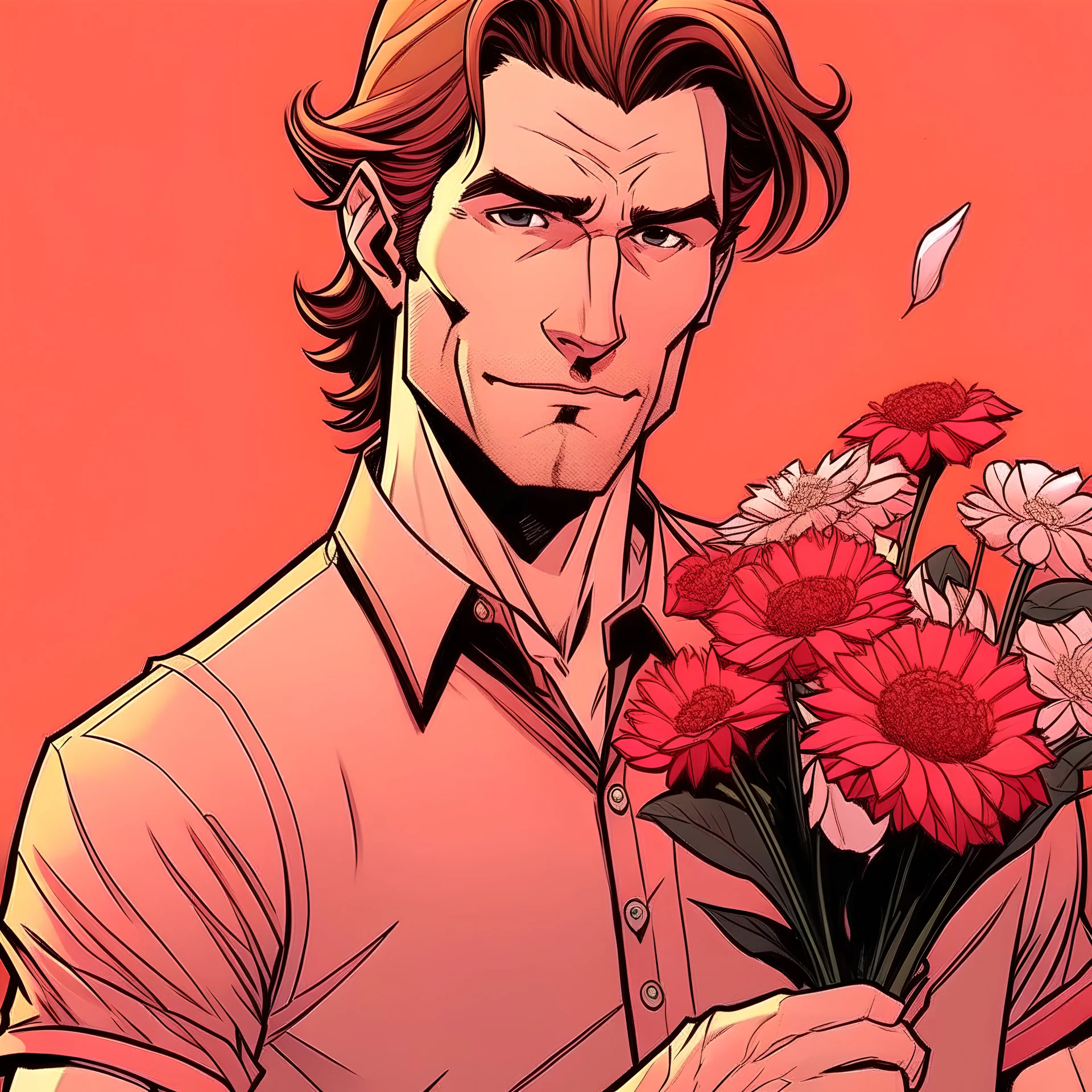 buff handsome man with shoulder-length auburn hair, stubble, and red eyes, wearing a pink shirt, holding flowers. comic book style
