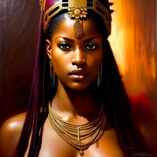 portrait beautiful face African female warrior,busty,ancient metal armor balanciaga fashion clothe painting by gaston bussiere, greg rutkowski, yoji shinkawa, yoshitaka amano, tsutomu nihei, donato giancola, tim hildebrandt, oil on canvas, cinematic composition, extreme detail,fit full head inside picture,16k