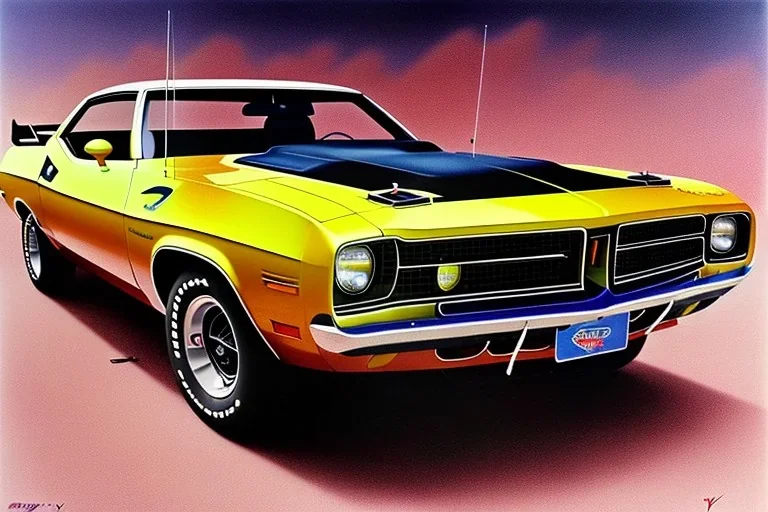 a true-to-life 1971 plymouth cuda 426, centered, intricate, extreme detailed, photorealism, center view, city background, pivot on plymouth, pen and color marker painting by cheryl kelley