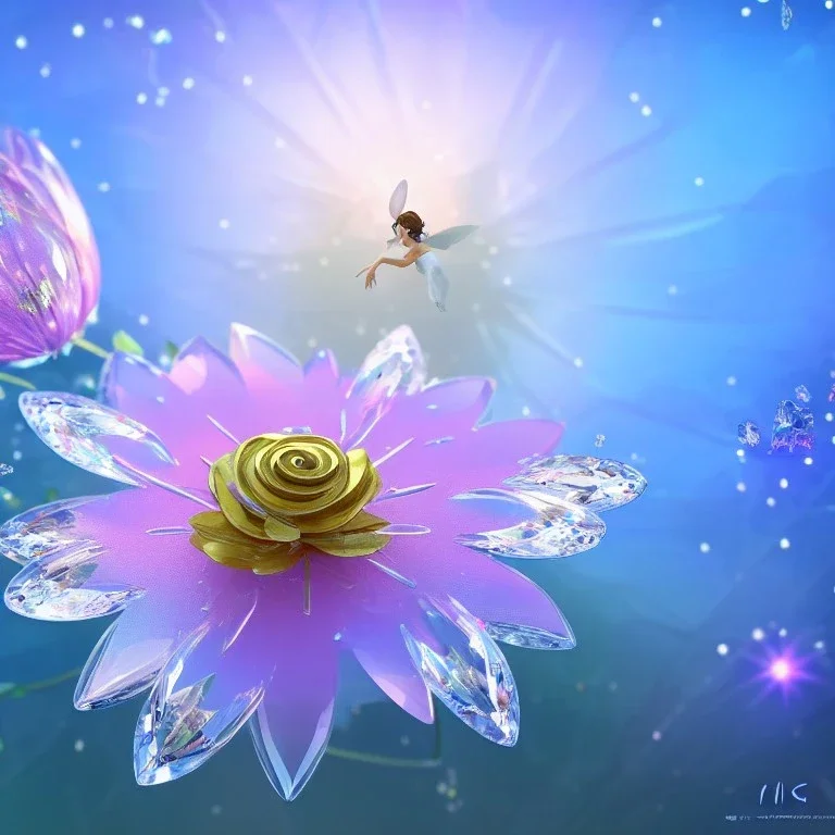 one big crystal subtle flower in a galactic ambiance with a beautiful fairy, transparent petals, delicate colors, in the foreground, full of details, smooth，soft light atmosphere, light effect，vaporwave colorful, concept art, smooth, extremely sharp detail, finely tuned detail, ultra high 3d depth, definition, 8 k, unreal engine 5, ultra sharp focus