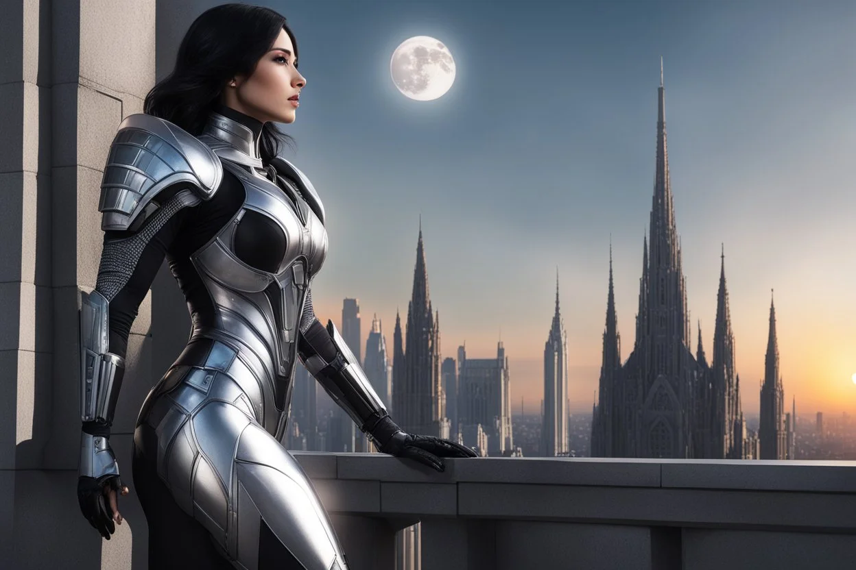 A slim Woman With Black shoulder length hair, Wearing a silver and black android-looking suit, standing sideways On a ledge of a building, with a moon Behind Her Head, towering spires and buildings highlighted by the setting sun