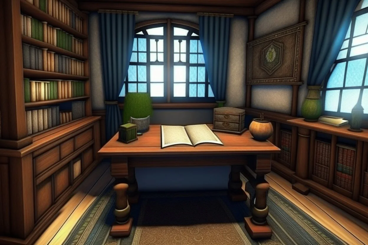 Fantasy medieval study room with desk front view