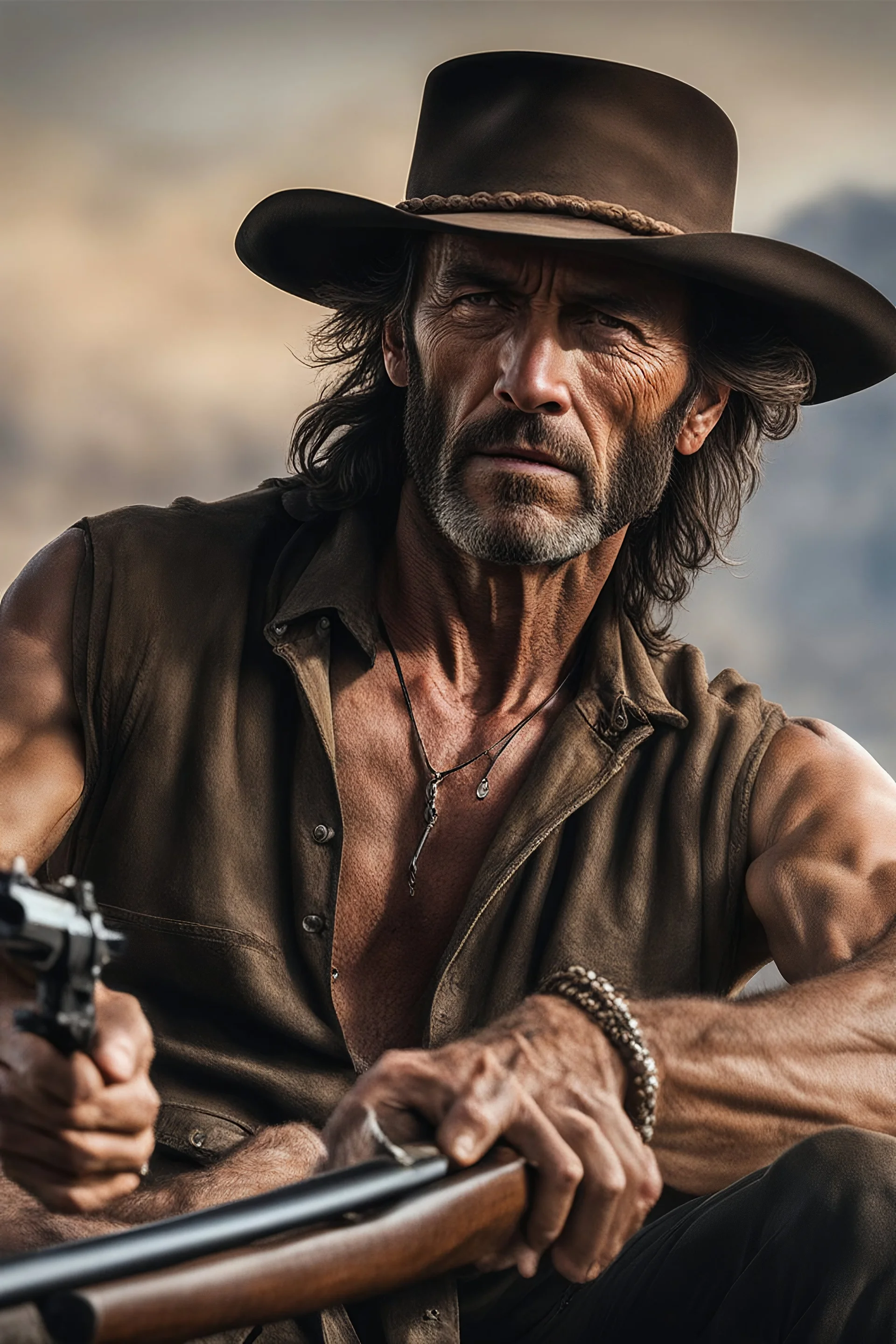 Full Color - Extremely muscular The Outlaw Jose Wales, in the style of 18-year-old Clint Eastwood, Boris Vallejo, Frank Frazetta, Grasshopper, 4k, 8k, 16k, 32k. 100k UHD, ultra hyper resolution, extremely detailed, hyper-realistic, photorealistic, Realism Engine, EpicPhotoGasm, Realistic Vision V51, Realistic Stock Photo, ProtoVision, Realism Engine, RealVis XL, Zavy Chroma XL, RealVisXL v4, Realistic Vision V5.1, AbsoluteReality v1.8.1, 100k Super UHD professional quality photograph,