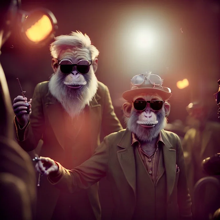 Realistic photo, American shot view, old man monkey, cabaret scene, steampunk. Drunken, Sunglasses, smoking, happy, hot. Many people background, highly detailed, concept art, unreal engine 5, god rays, ray tracing, RTX, lumen lighting, ultra detail, volumetric lighting, 3d, finely drawn, high definition, high resolution.