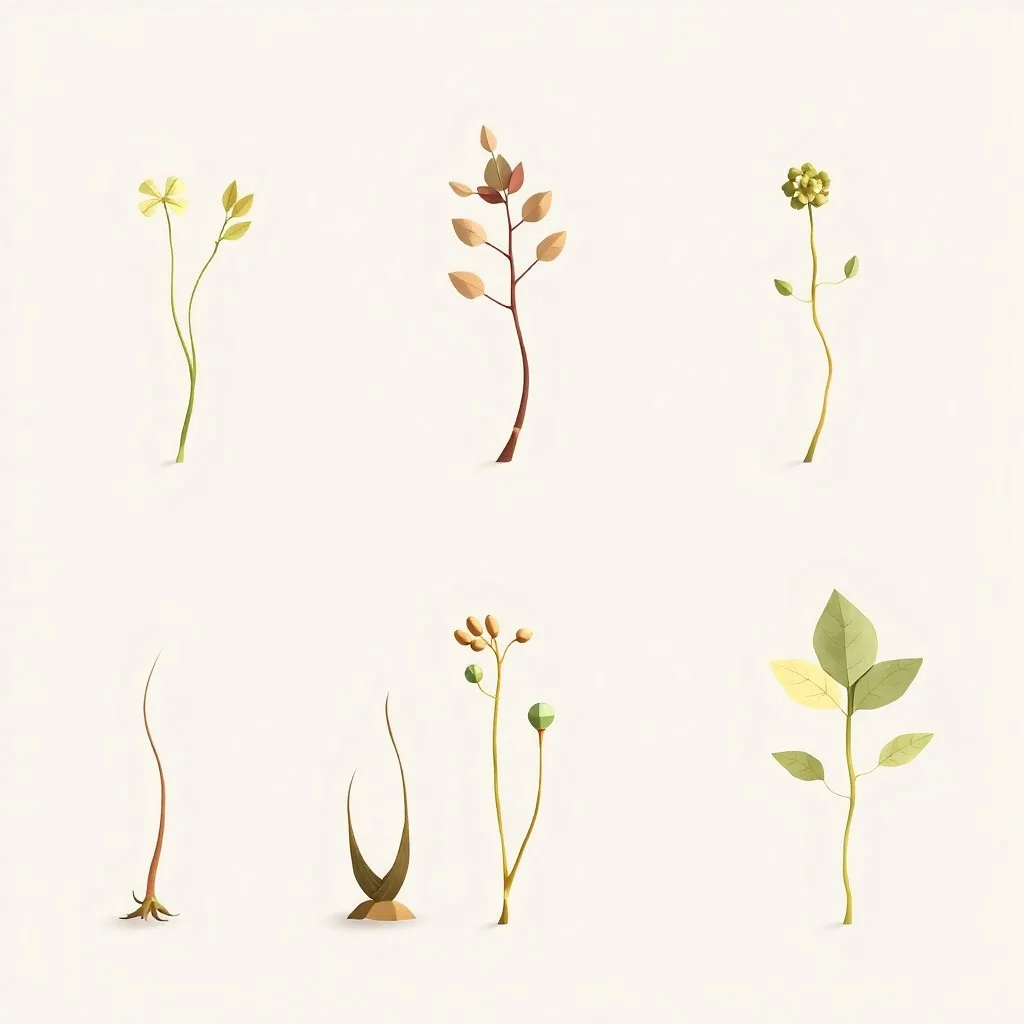 concept art of six low poly stylized alien dry single leaf plant on a neutral background. Strange fictional extraterrestrial flora with unusual shapes