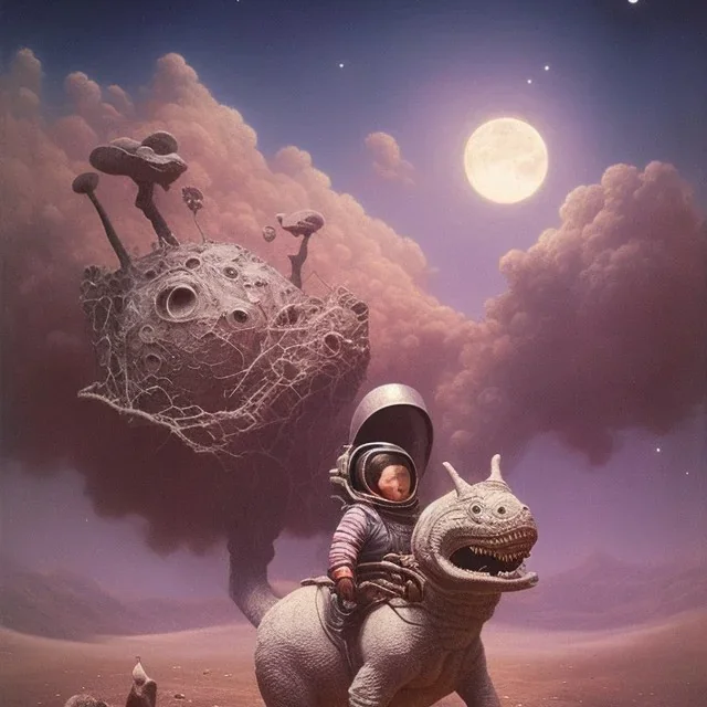 1yo little boy is on safari on the moon. riding a pink dinosaur. he has big and a funny hat. High detailed. Cinematic. oil on canvas painting. Warm lights. beksinski