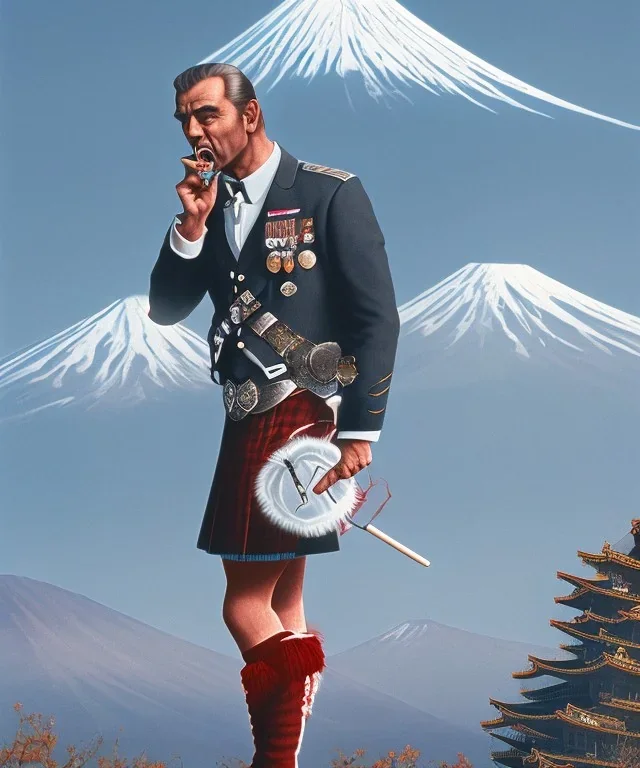 Sean Connery in a kilt eating a lollipop in front of Mt. Fuji