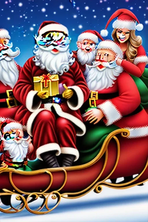 santa claus in a sleigh with mom, dad and three sons