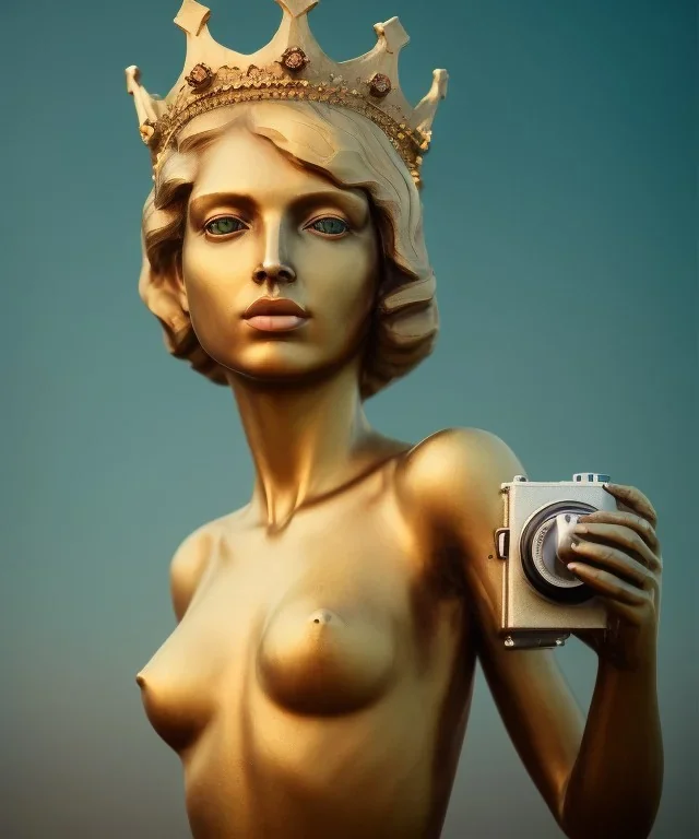 Statue of Queen of photography. Cute blonde woman. Photographer in golden crown. Standing on the street. Big camera in her hand. hyperdetailed, photorealistic, trending on artstation, greg rutkowski, beksinski, kodachrome