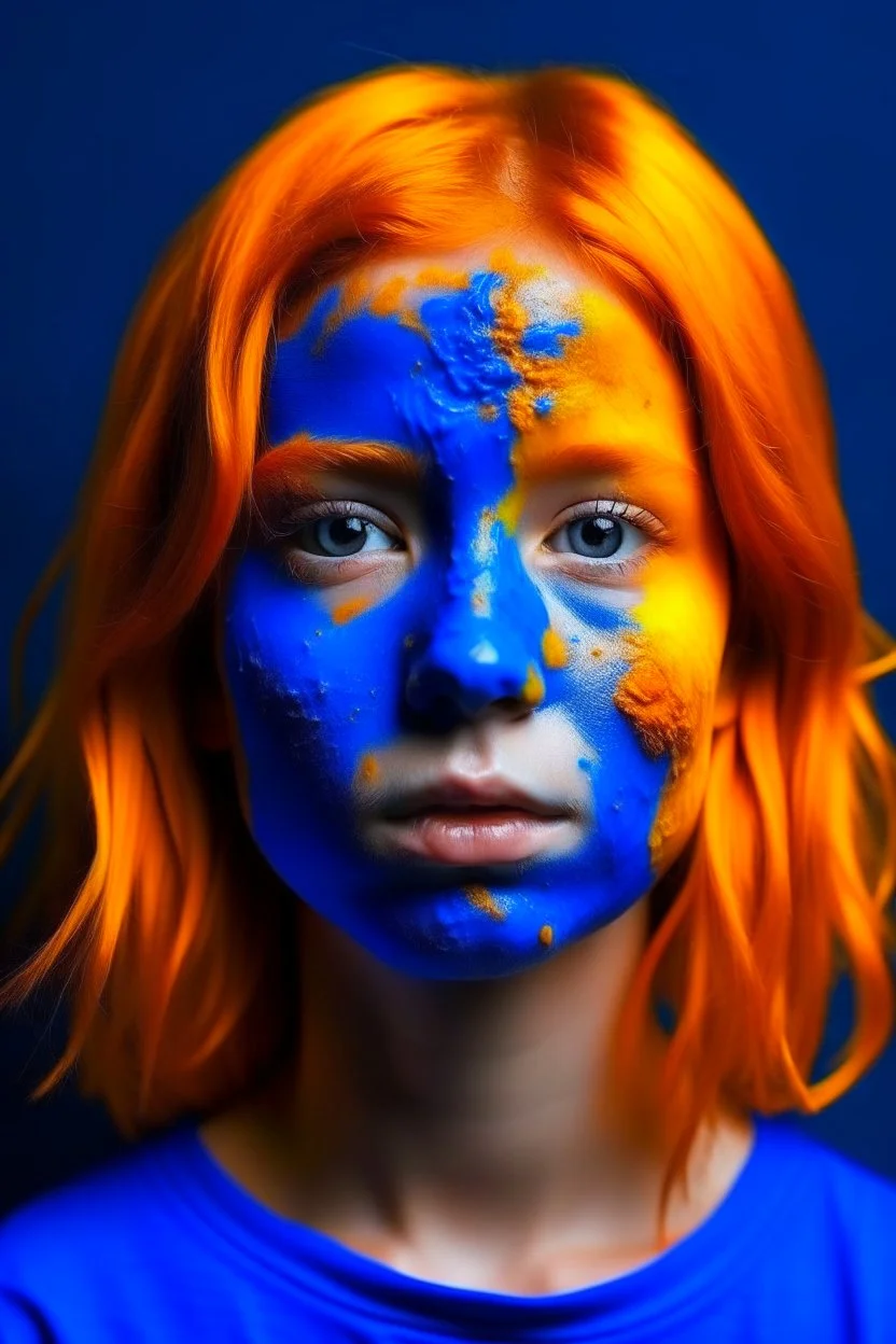 Girl face with indigo rubber effect in all body with orange sponge hair