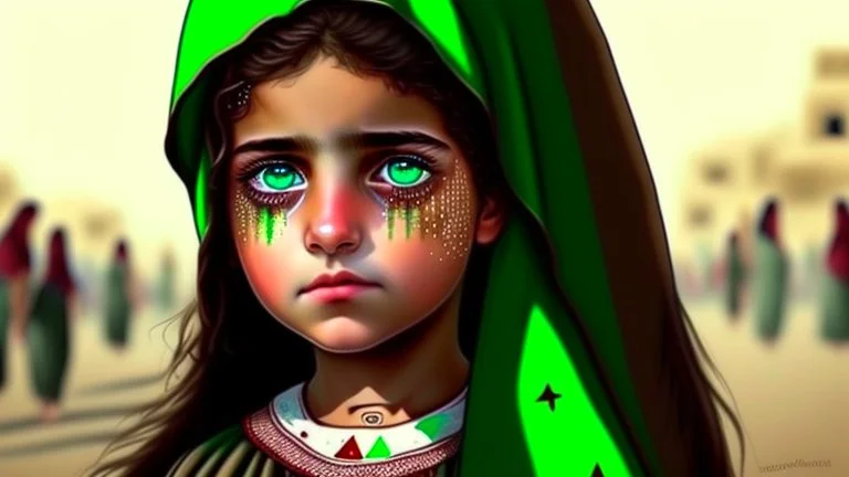 A girl wearing a Palestinian dress with tears in her eyes Her eye color is green Its color is brown Carrying the Palestinian flag