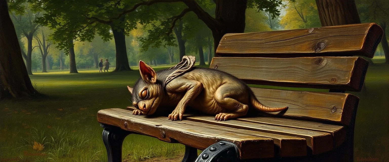master oil painting by Rembrandt, kobold gremlin sleeping on a bench in the park