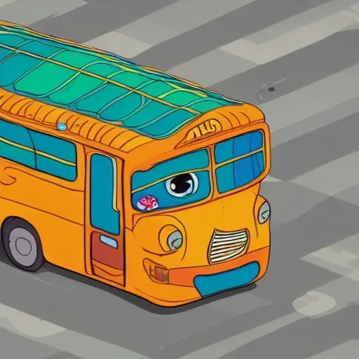 isometric rigid smiling bus with eyes by jim woodring in cartoon style