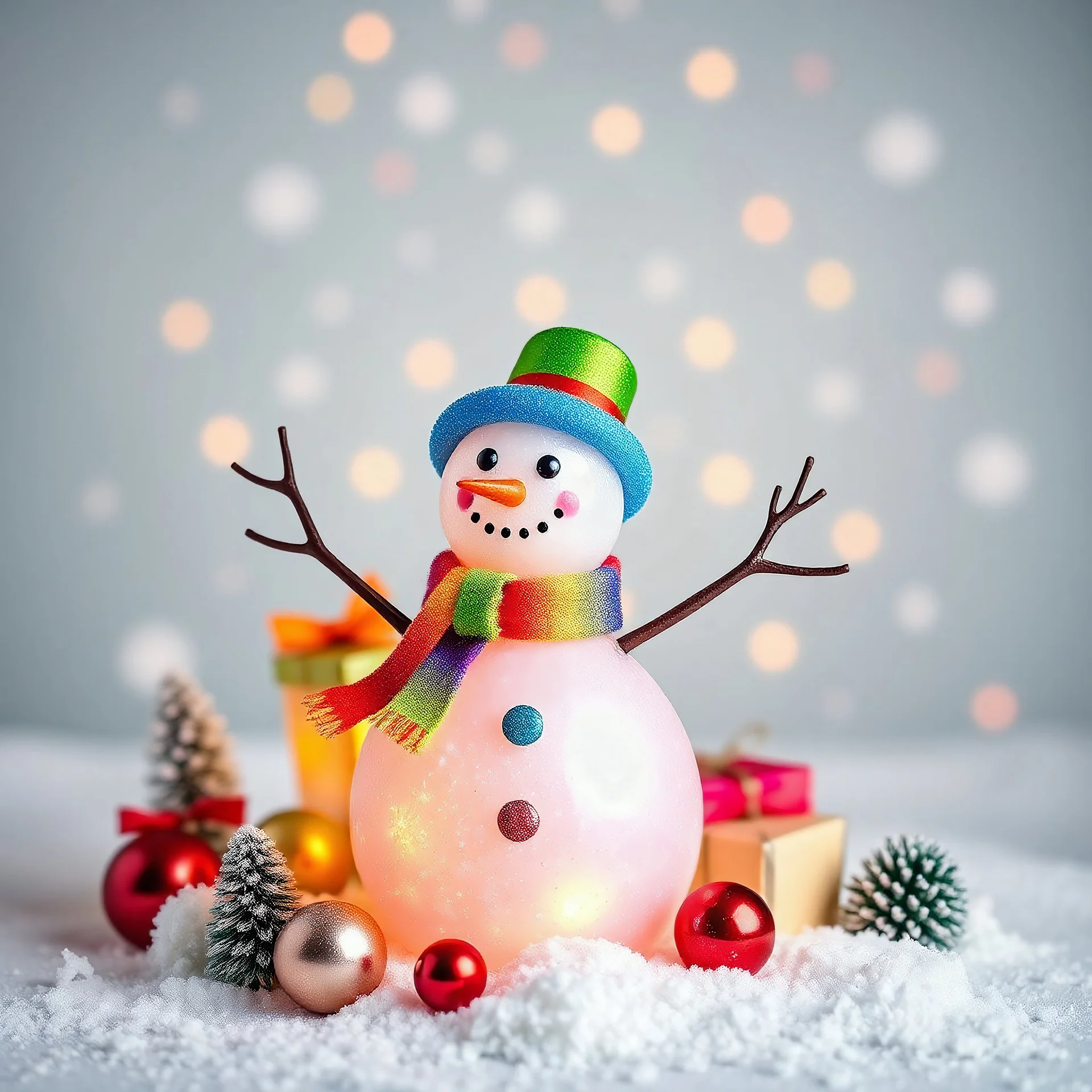 Create multicoloured Snowman gifts and balls and winter colour wonderland