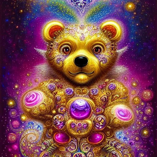 Adorable Happy Bear, glitter gold, extremely detailed fractal, fractal gems, fractal crystals, gold glitter, digital oil painting, detailed art illustration, vibrant, cinematic, ornate, luxury, polished, elegant intricate 8k imperial colors in the style of Josephine Wall, Brian Froud, Thomas Kinkade Modifiers: elegant intricate 8k imperial colors