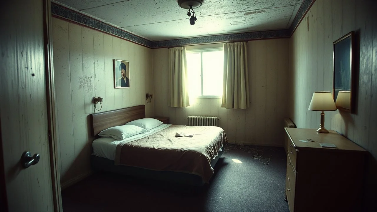 inside a cheap, seedy motel room, bright light, dirty, empty room, grainy candid photograph, crime scene, documentary style, bright flash photography