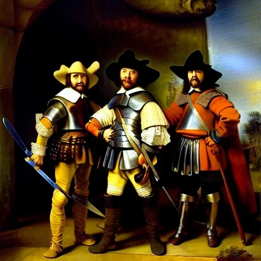 oil portrait of The Three Musketeers and d'artagnan with armor by Rembrandt 8k