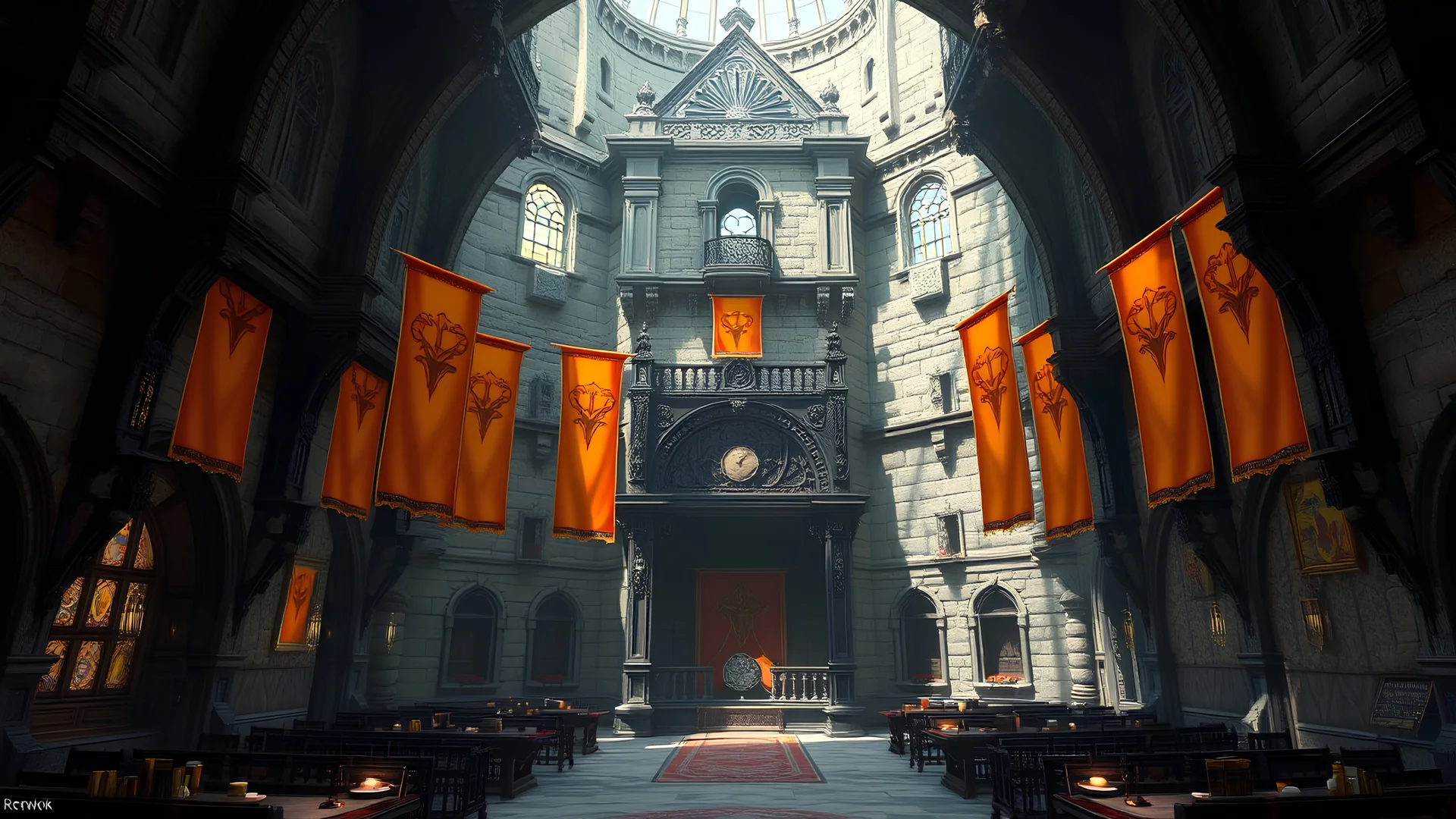 Medieval castle room with orange and yellow banners, 8k, high quality, trending art, trending on artstation, sharp focus, studio photo, intricate details, highly detailed, by greg rutkowski