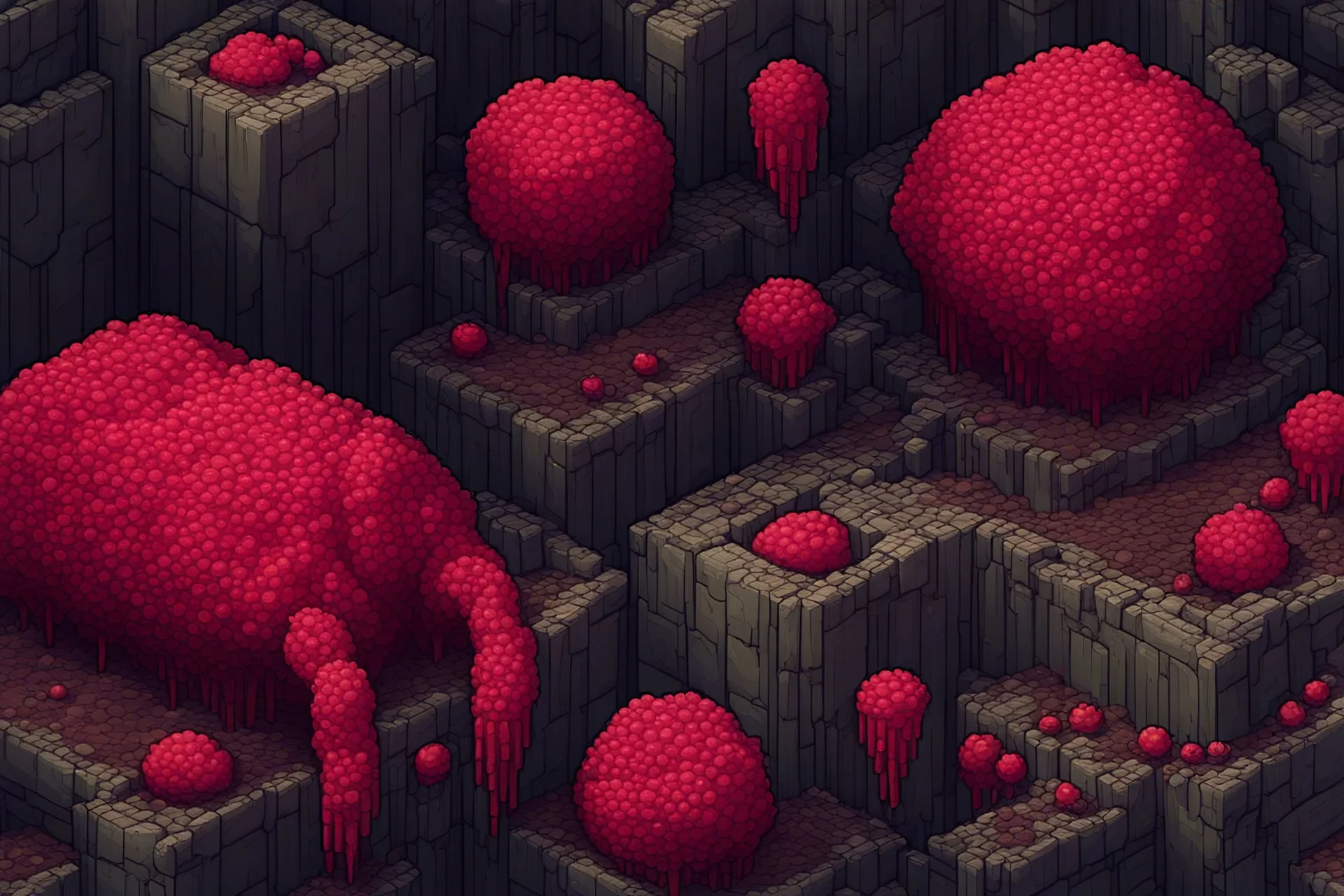 Create a pixel art background representing the walls of a battle environment inside a living organism. The walls should resemble red cell membranes, with a textured, organic appearance that captures the feel of biological material. The style should be detailed yet simple, with a focus on smooth, curving lines to evoke the natural flow of a cellular membrane. Ensure that the pixel art maintains a clear, cohesive style suitable for an RPG setting