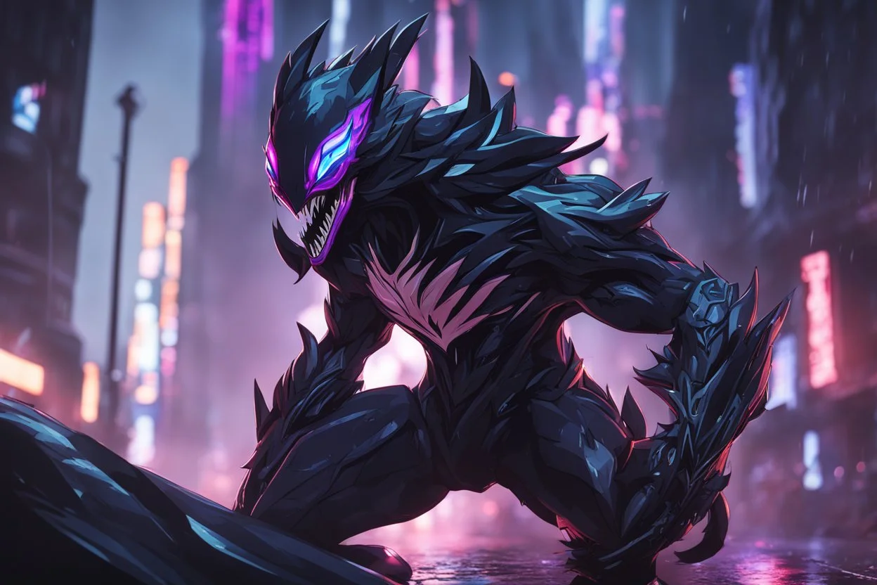 kindred venom in 8k solo leveling shadow artstyle, machine them, close picture, rain, neon lights, intricate details, highly detailed, high details, detailed portrait, masterpiece,ultra detailed, ultra quality