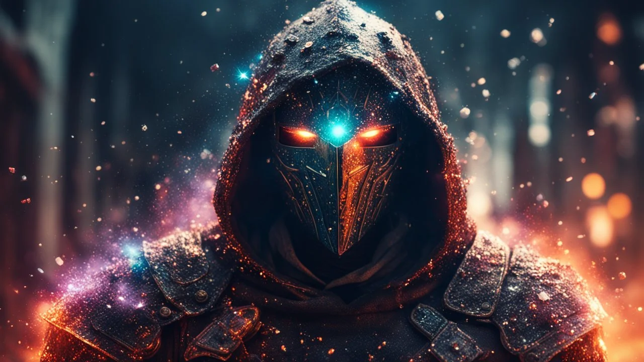 post-apocalyptic hooded marble knight covered with glowing crystals, fire particles in air, destroyed city, night, bright colors, glowing sparkle particles, dark tone, sharp focus, high contrast, 8k, incredible depth, depth of field, dramatic lighting, beautifully intricate details, clean environment, epic dynamic scene