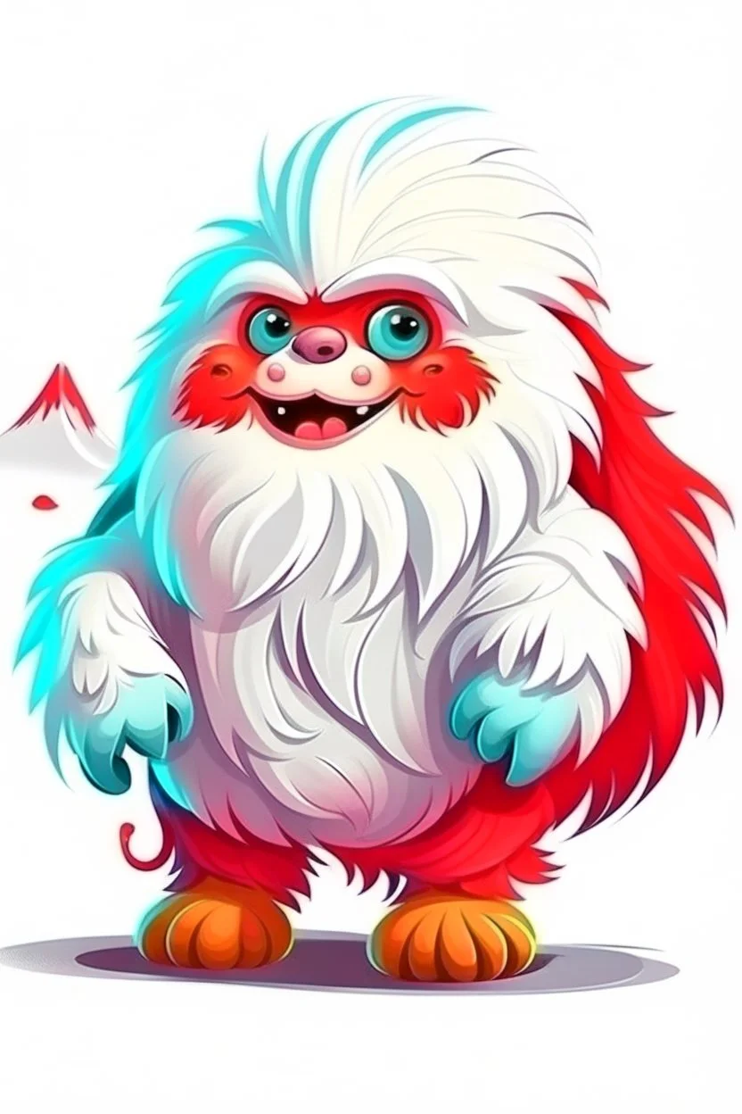 fantasy cartoon style illustration: small little cute yeti creature. Yeti has a red scarf.