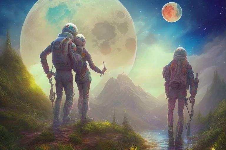 illustration concept art water color style for teenagers in other planet watching the moon and mountains having adventure two teenagers are walking mystery weird cretures mushrooms journey