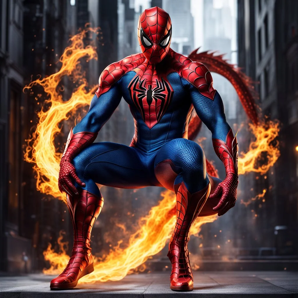 Fhoto full body, reality, Raw, dragon fire as spiderman, digital art, intricate details, powerful composition, captivating, , trending on artstation, sharp focus, studio photo, intricate details, highly detailed, by addie_digi