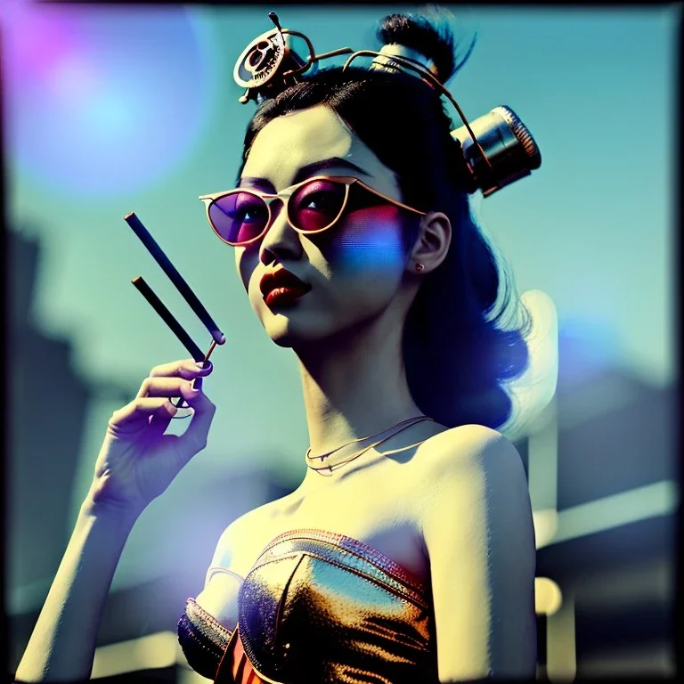 Ultra Realistic photo, medium shot view, geisha women, carnival scene, futuristic steampunk. hair monster, Drunken, Sunglasses, smoking, happy, hot. Cabaret background, highly detailed, concept art, unreal engine 5, ray tracing, RTX, lumen lighting, ultra detail, volumetric lighting, 3d, finely drawn, high definition, high resolution.