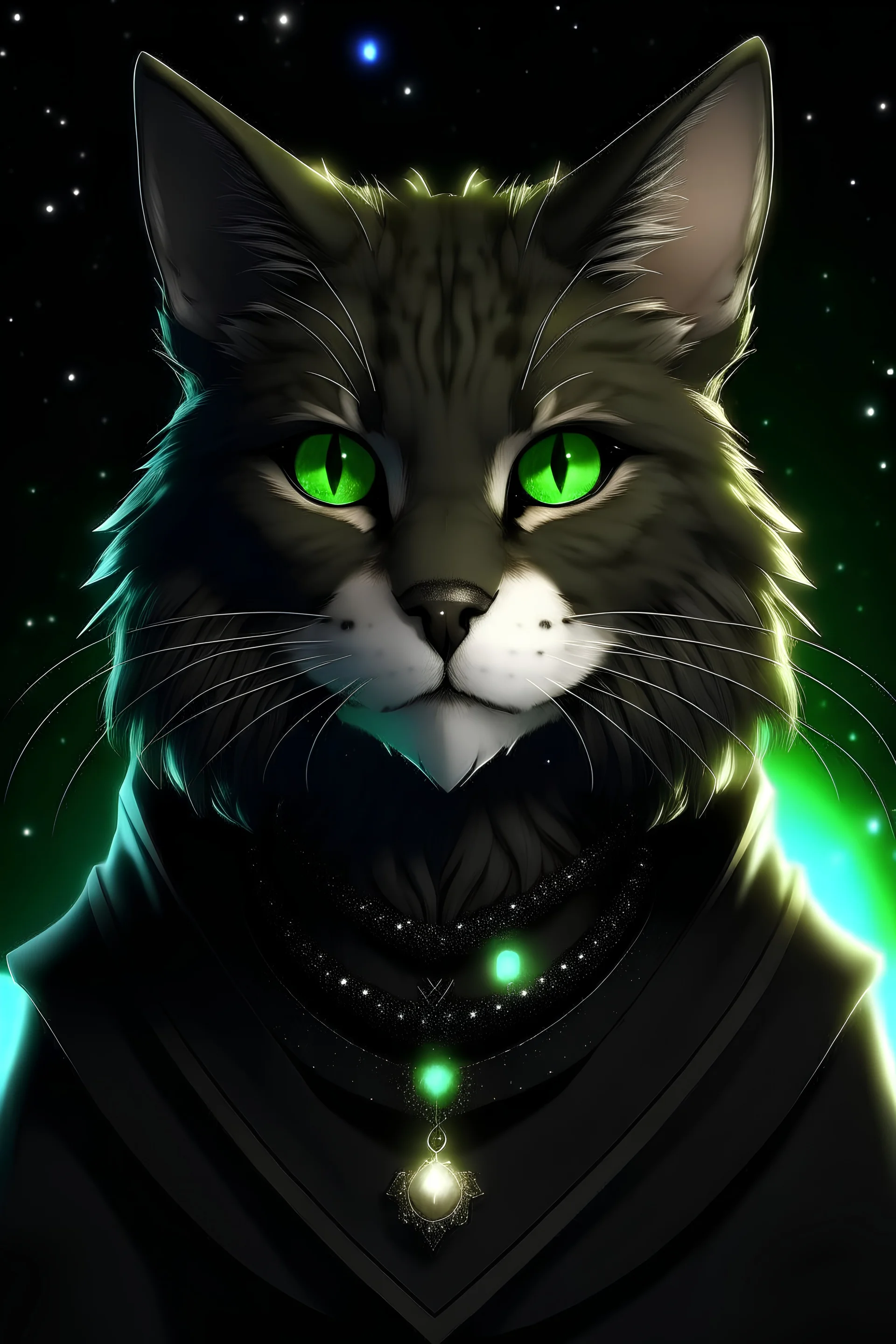 portrait of a female tabaxi druid, with a starry background, black fur green eyes, wearing leather, with black fur, female, black fur