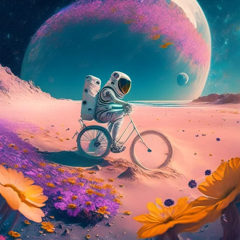 An astronaut is riding a bicycle on the beach of a planet. Dekhtan's flowers - beautiful galaxy - peace