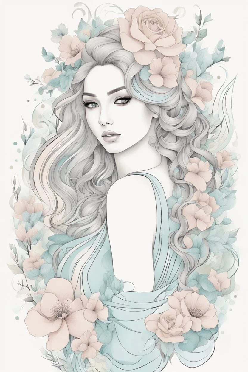 Abstract line art: beautiful, mesmerized drawing skatche girl in her hair nice flowers and in a beautiful flowering dress :: pastel colored flower tatoo, freedom of expression. " line art style