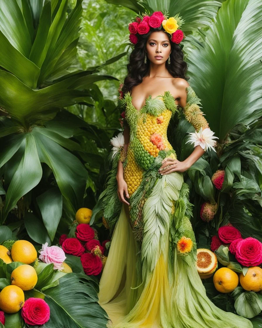 📷🍓💃 length image full body sweet pose pretty woman wearing a beautiful high details natural beuty color unique gown costume made of elements varieties tropical fruits pineapple,bananas,full background green leaves and variaties roses,orchids flowers background