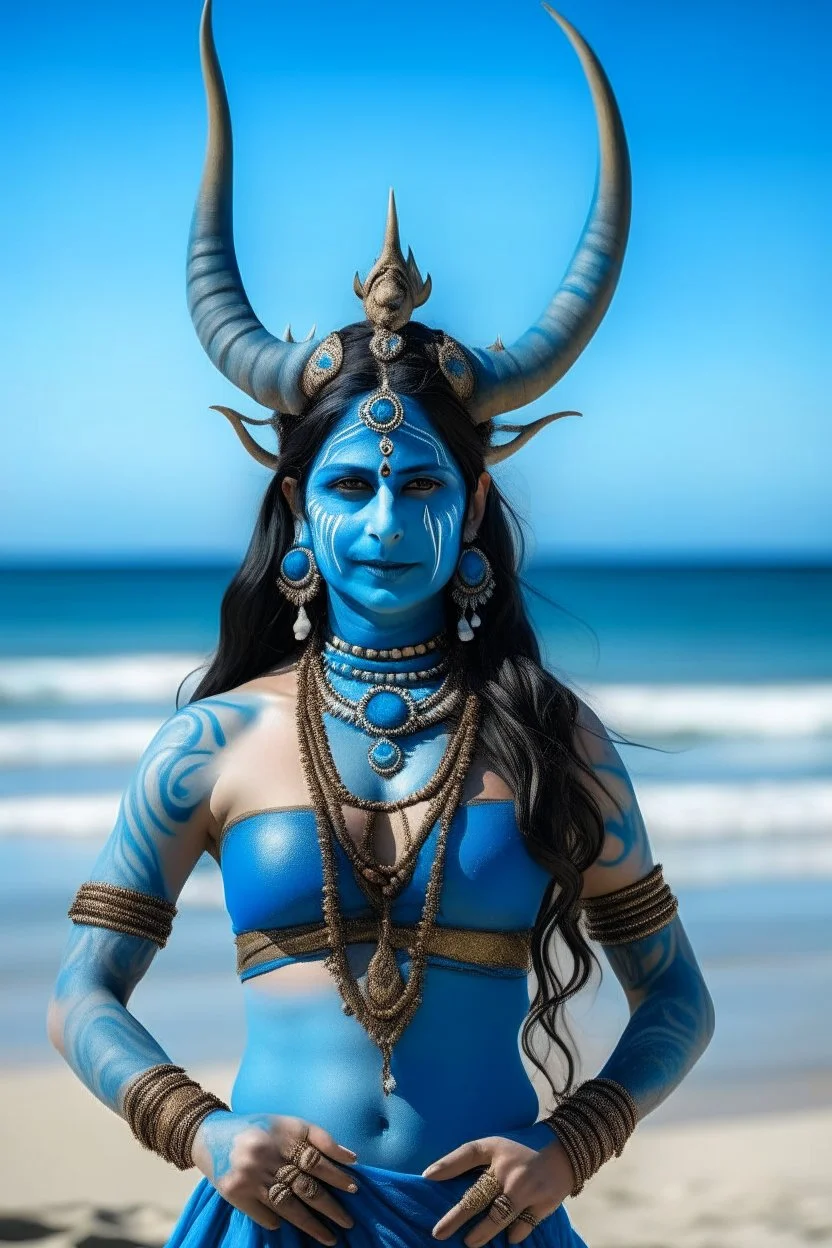 A photo of a blue skin Hindu goddess with painted blue face and body skin, wavy black hair deer antler horns, standing on a sunny beach