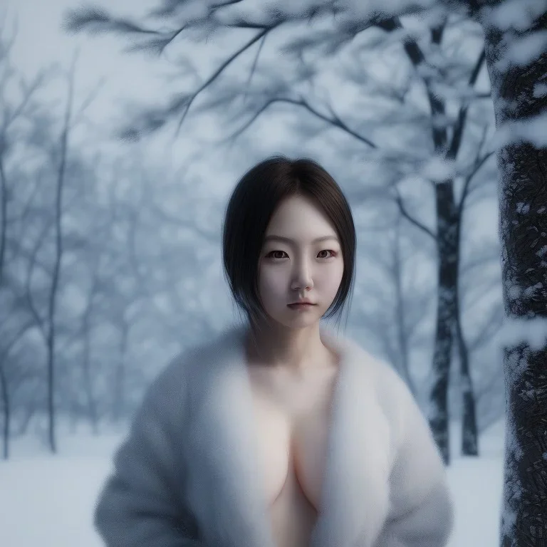 only wonderfull japanese woman, big chest, in snow, portrait, student costume, village, meditation, woods, cyberpunk, 8k quality