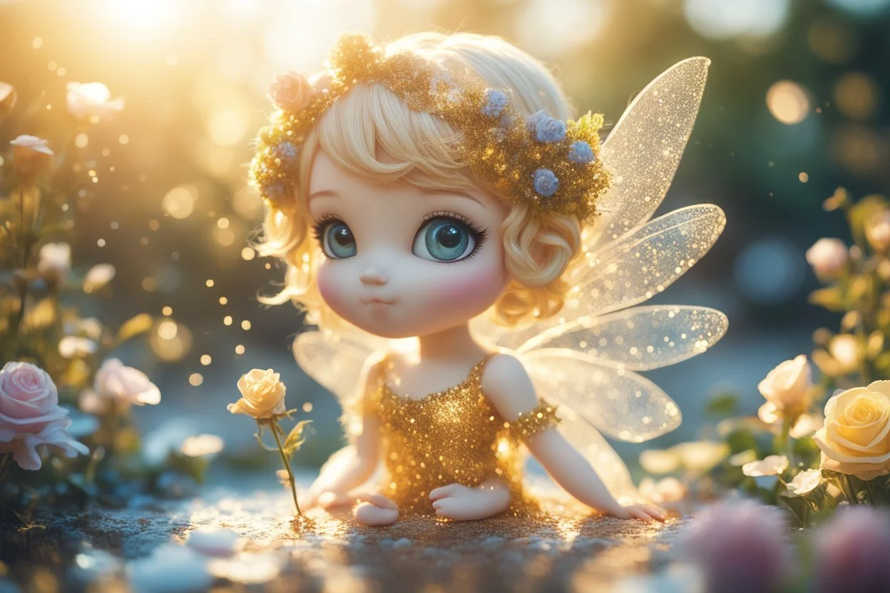 double exposure, only dots, golden glitter and pebbles, cute chibi anime rose fairy, fountain, garden, forget me nots and roses in sunshine, backlit, ethereal, cinematic postprocessing, bokeh, dof