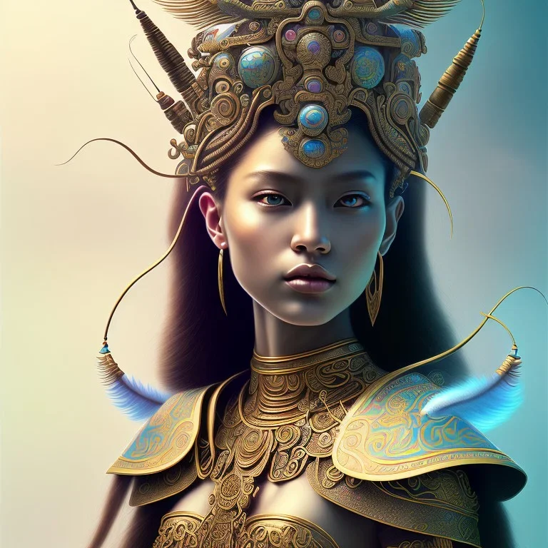 Sango fantasy, fantasy magic, intricate, sharp focus, illustration, highly detailed, digital painting, concept art, matte, art germ and Paul Lewin and Kehinde Wiley, masterpiece Mayan princess dancer head bronze feather's' Asian Latin girl nice breast brown Thai hair turquoise silver blue sky