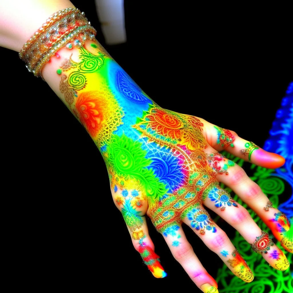 A rainbow kingdom in a chaotic realm designed in Mehndi design painted by Edgar Degas
