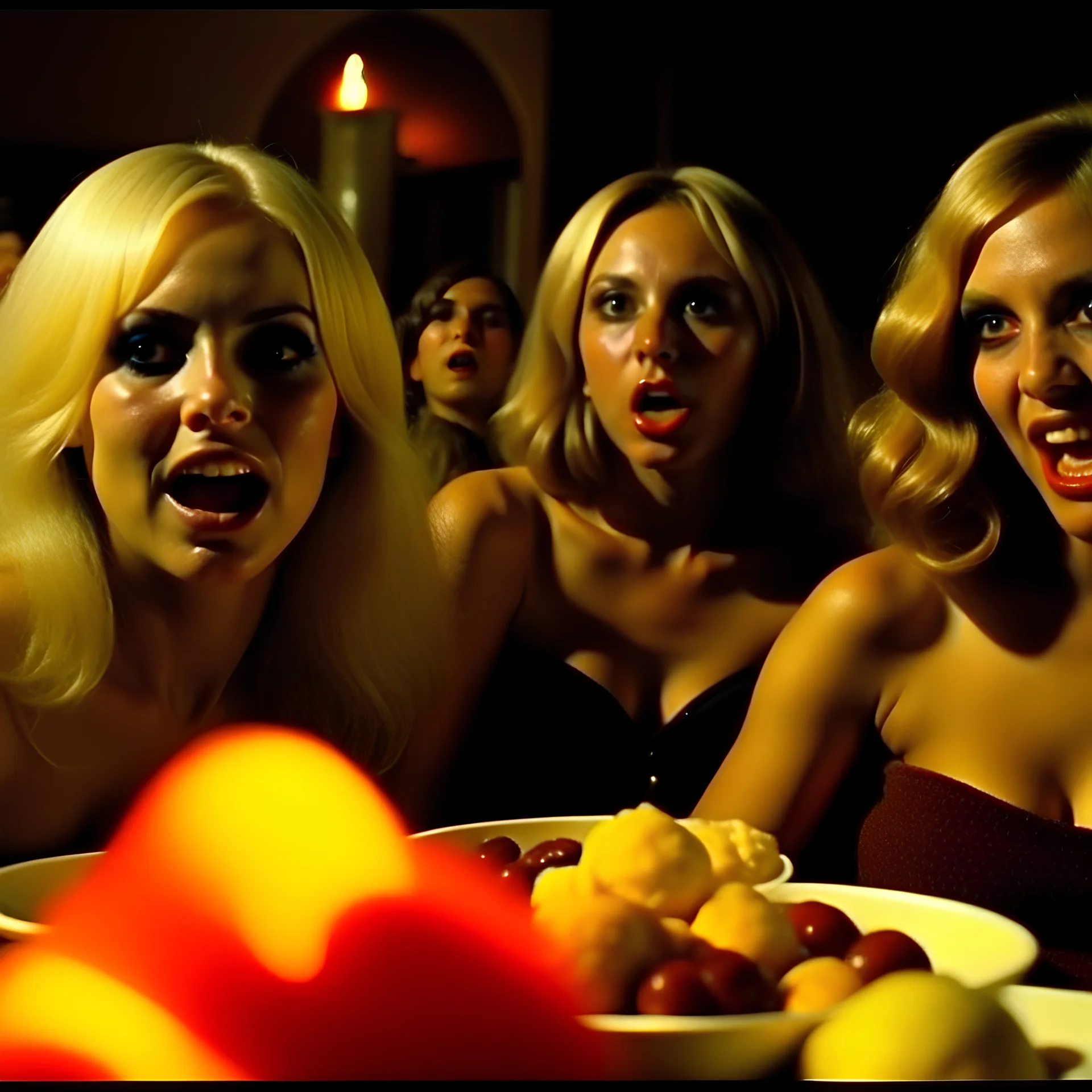 Horror movie shot, hot, ultra realistic, dine, horns, ultra chaos, realistic hot blonde women, party, pieces of meat, organs, hot dynamic, very excited people, hypermaximalist figures, light, 1970's Italian horror movie, sinister,, Dario Argento, Stanley Kubrik, ornate, 4k, photorealism