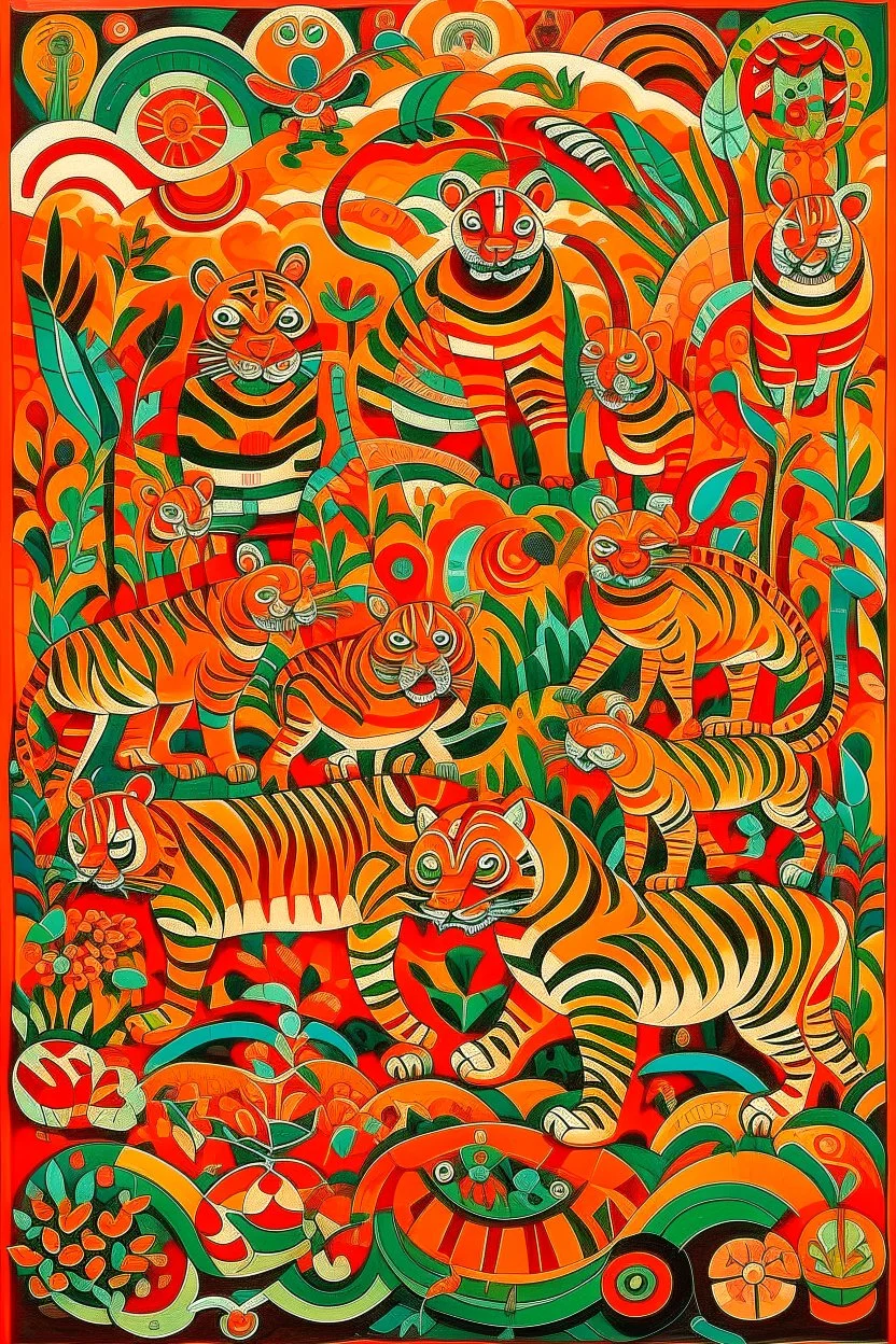 An orange colored mechanical jungle with devilish tigers designed in Kuna molas painted by Wassily Kandinsky