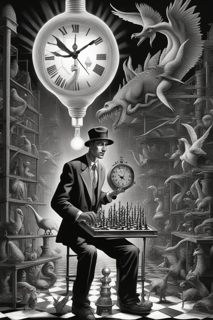 news paper journalist horror harlequin playing burning chess geese dinosaur reptiles in very bright light bulb factory on the docks with twisted ladders with the most a confused look on his face in front of a huge glass prism clock with angels, in the style of Escher and Giger