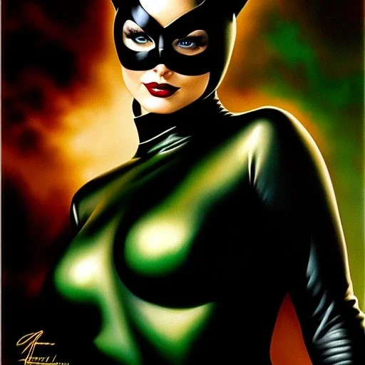 portrait oil on canvas, beautiful busty Catwoman,green eyes, ,minimal armor,comic book cover, mystical colors,insanely detailed,realistic,intrincate detail, 16k resolution, masterpiece,Frank Frazetta,Alex Horley, Simon Bisley