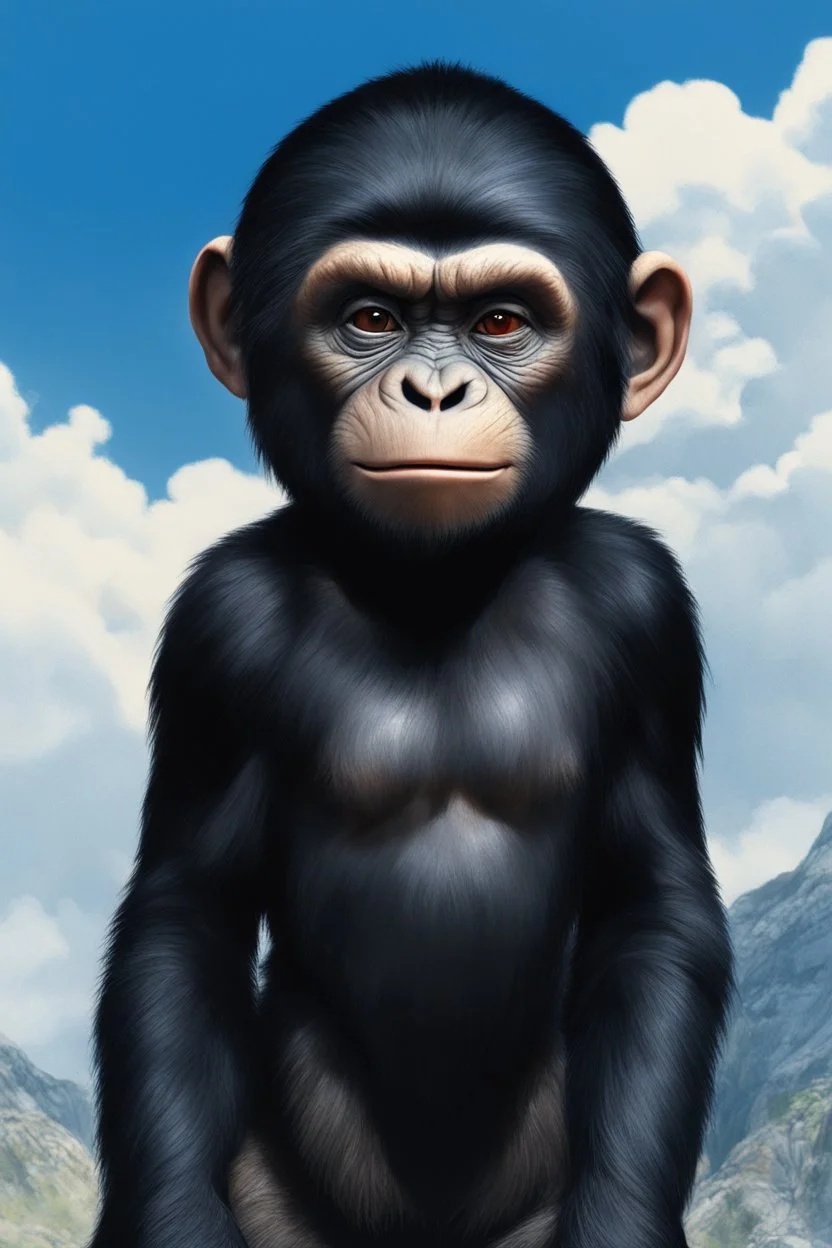 full body - Horror of the Planet of the Apes - black hair, Deep Blue Eyes - head and shoulders portrait - Lenna, part chimpanzee, part human, short, bowl-cut, straight black hair, the bangs cut straight across the forehead, she resembles a Zira from the Planet of the Apes, and she resembles Spock - Mountains, blue skies, clouds, red roses, blue roses, yellow roses, honeysuckle roses, carnations, lilacs, professional quality, 32k, UHD, glossy, 1080p, Extremely high resolution Digital photograph