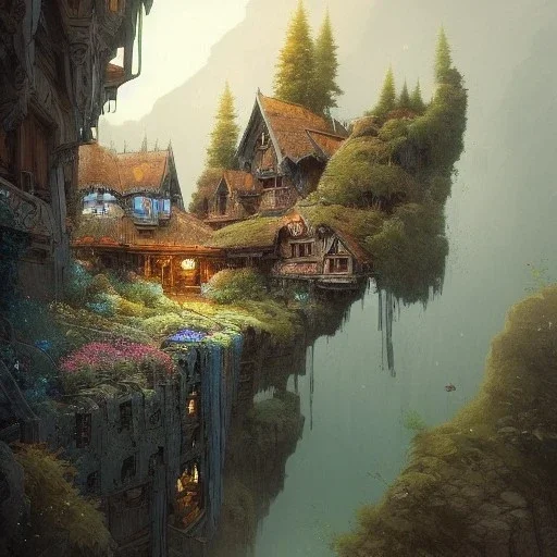 Chalet on bridges between chasm mountains cliff+detailed facades+beautiful,richly detailed houses,trees,ornamental flowers +uphill road+biopunk+Book illustration by Gediminas Pranckevičius, Jean Baptiste Monge, Brian Kesinger, Anton fadeev, strong lines, high contrast vibrant colors, highly detailed, 16k resolution