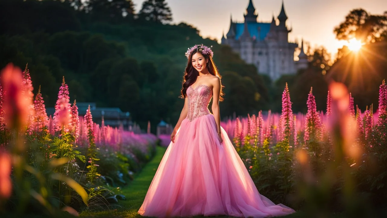 A gorgeous smiling Asian model in a fairy outfit in a field of flowers at sunset a crystal castle at background