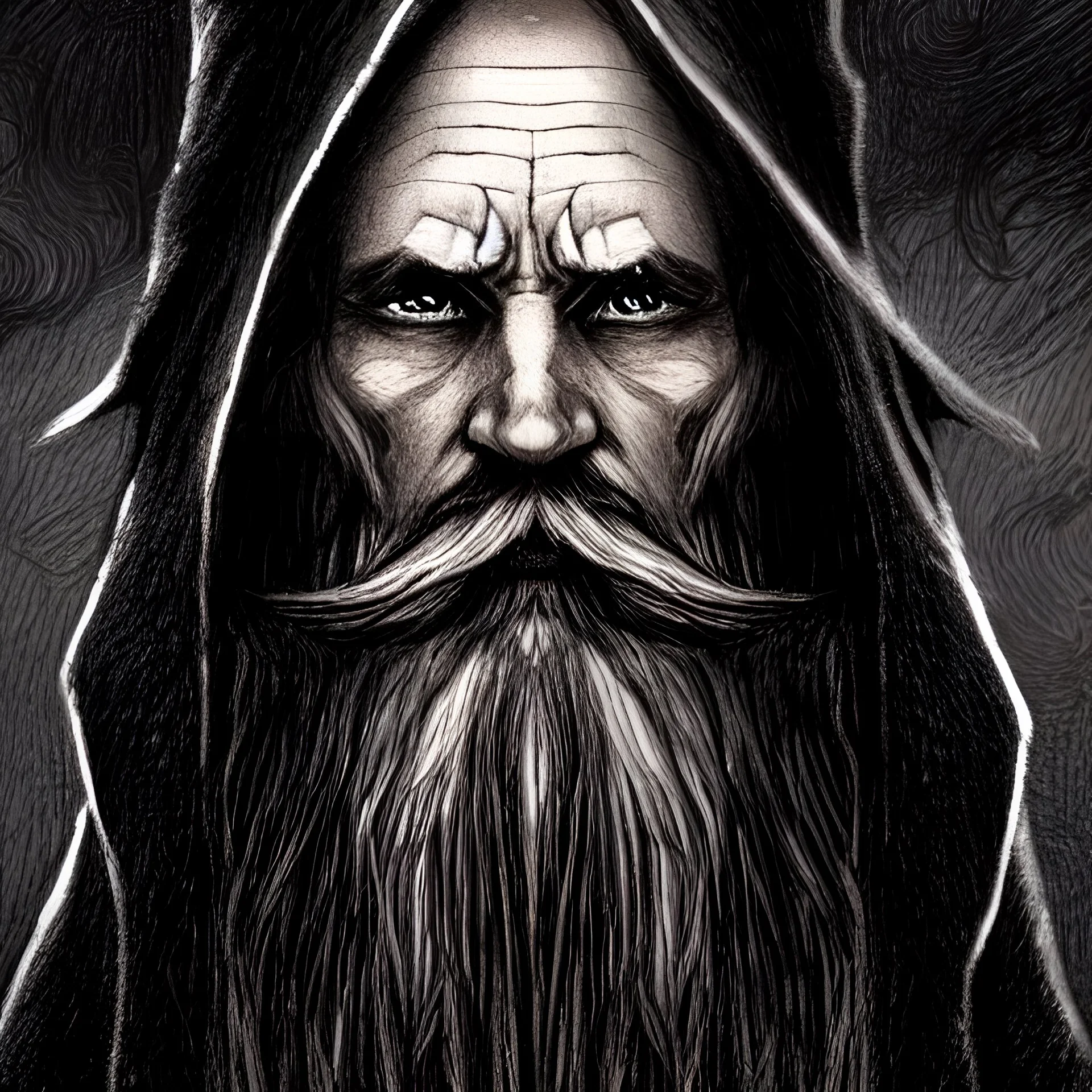 a short wizard with a tall hat, long black hair and beard, detailed rugged and elderly face, tall, fantasy magic, worn out mythical robe, dark light night, intricate, elegant, sharp focus, illustration, highly detailed, complementary colors, colorful, highly detailed abbey background, concept art, matte, art by john avon and christopher rush and Veronique Meignaud, masterpiece