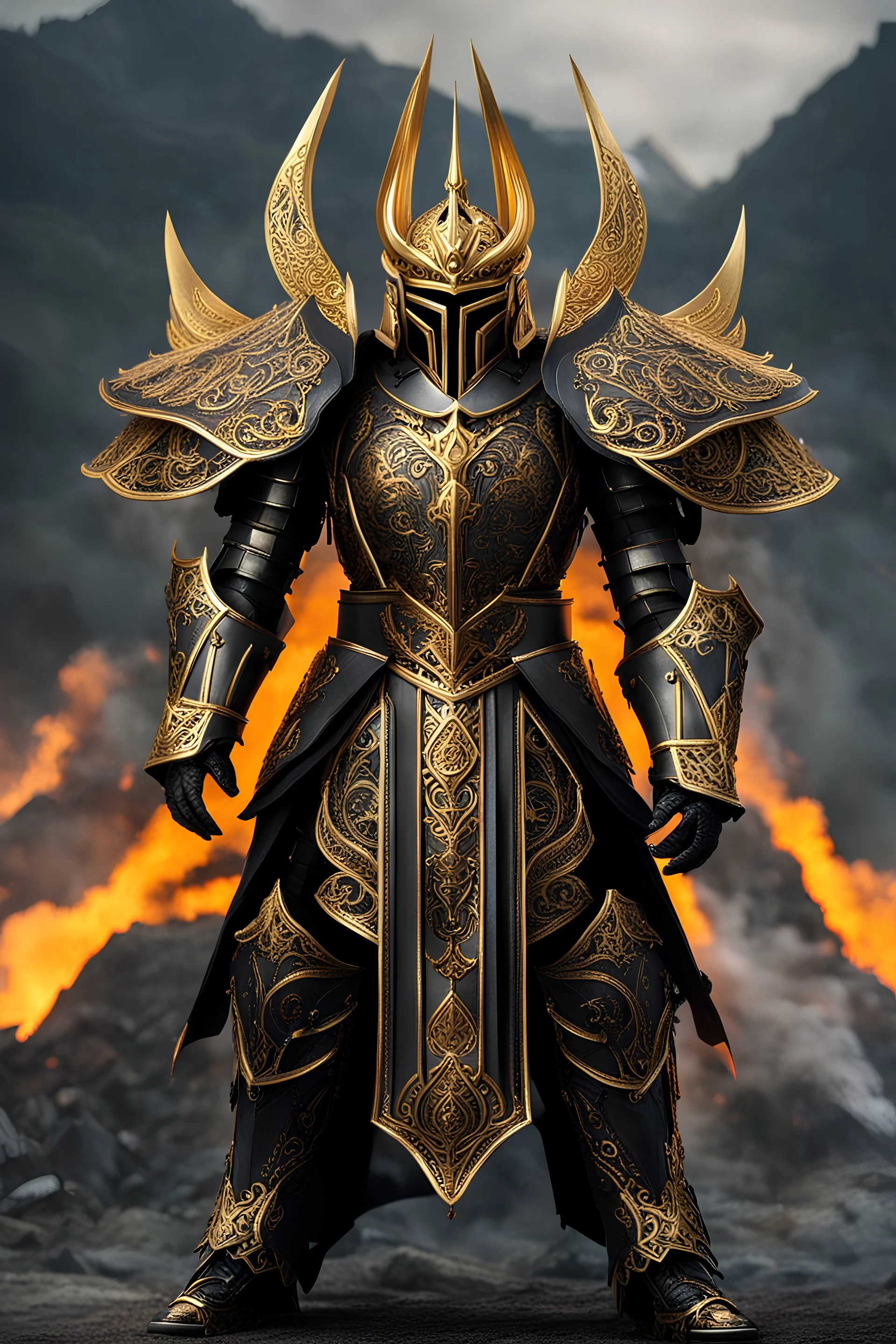 Full body photography,front_view,Dark Lord Sauron, looking at viewer,traditional dress ornaments mechanical_armor,intricate armor, delicate golden filigree, intricate filigree, black metalic parts, detailed part,fire eruption mountain background, dynamic lighting