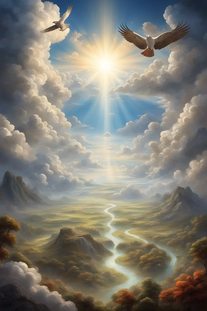 The creation of the world by God. In front of us is a valley with a beautiful landscape, where beautiful animals roam, beautiful birds fly in the sky, beautiful clouds and God in the clouds