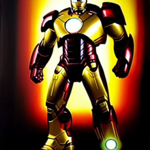 fullbody portrait in oil on canvas of ironman with Golden Hulkbuster armor, intense stare, masterpiece, realistic, intricate detail, sci-fi fantasy style, volumetric lighting, particles, highly detailed ,cinematic , deep colours, 8k, by Kaare Andrews and caravaggio and simon Bisley.