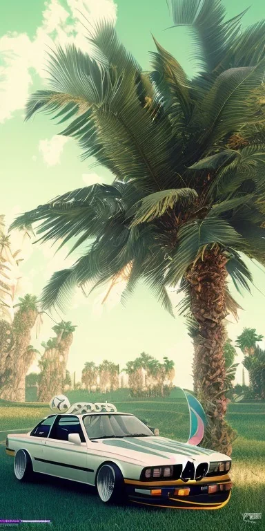 1980's aesthetic vaporwave palm trees and spheres and sports bmw